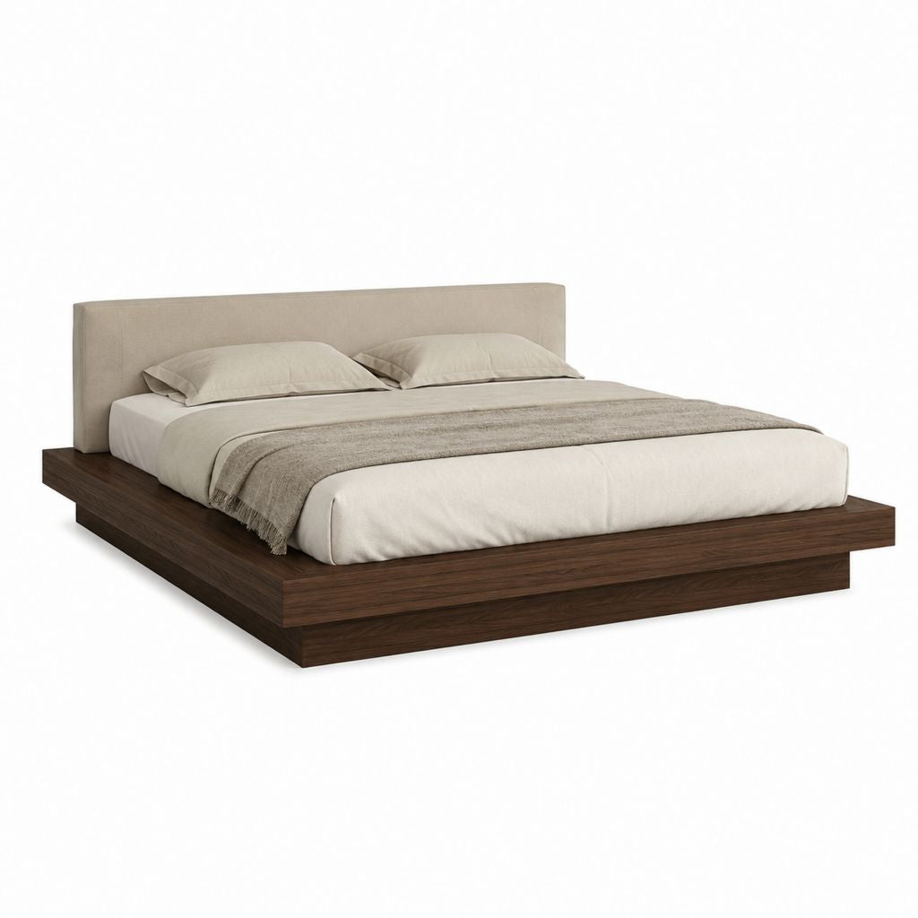 Cadre de lit plateforme 180 x 200 cm noyer foncé avec tête de lit beige rembourrée