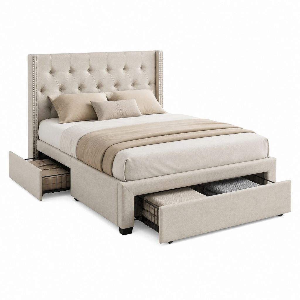 Lit double avec rangement beige en polyester capitonné 160 x 200 cm