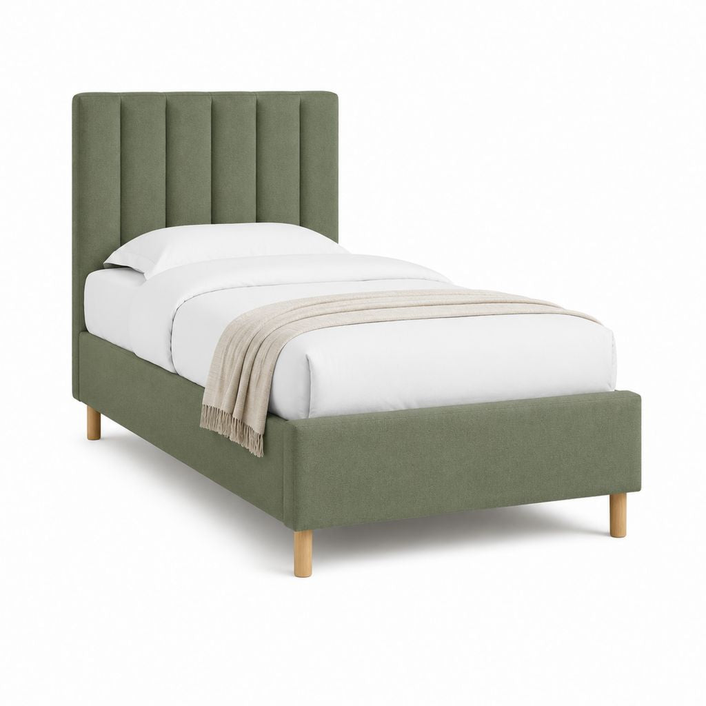 Lit simple rembourré vert en polyester avec tête de lit capitonnée 90 x 190 cm