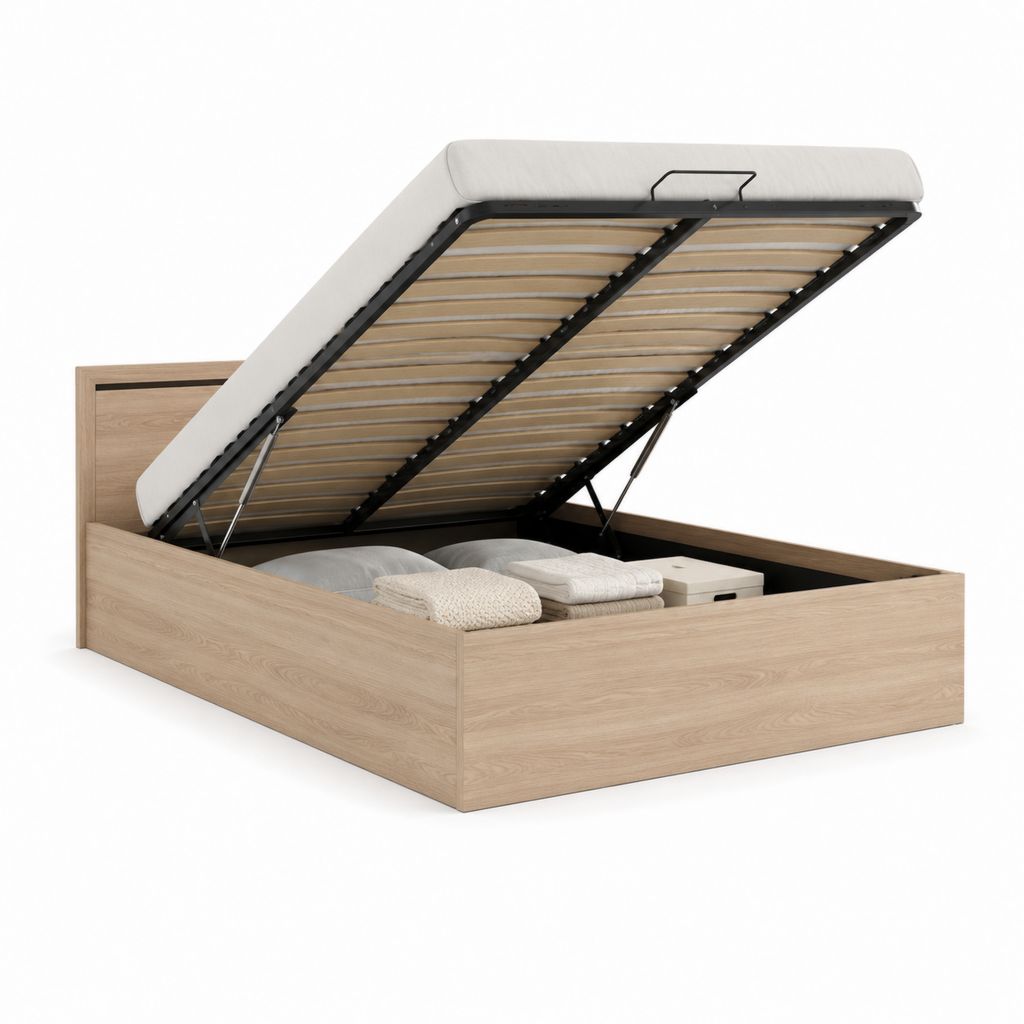 Lit coffre 160 x 200 cm chêne clair en panneaux de particules avec sommier relevable