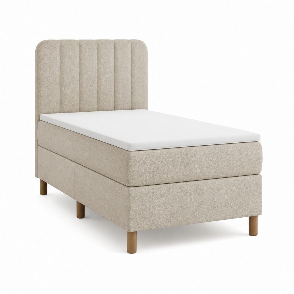 Lit simple capitonné beige en polyester avec tête de lit arrondie 90 x 190 cm