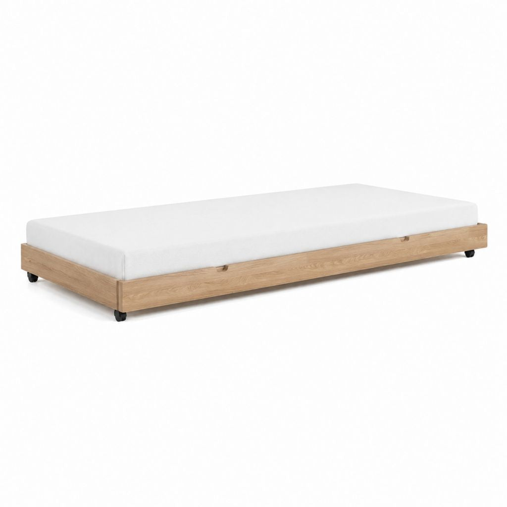 Lit simple à roulettes chêne clair avec matelas blanc 90 x 190 cm