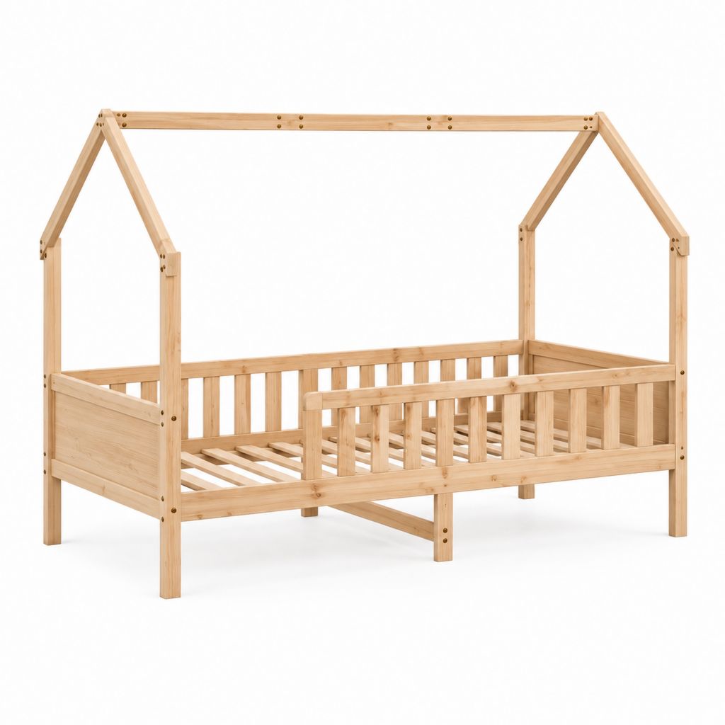 Lit enfant cabane avec barrières en pin massif naturel 90 x 190 cm