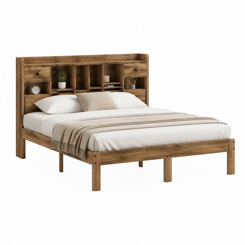Lit double avec tête de lit de rangement marron en pin massif 160 x 200 cm