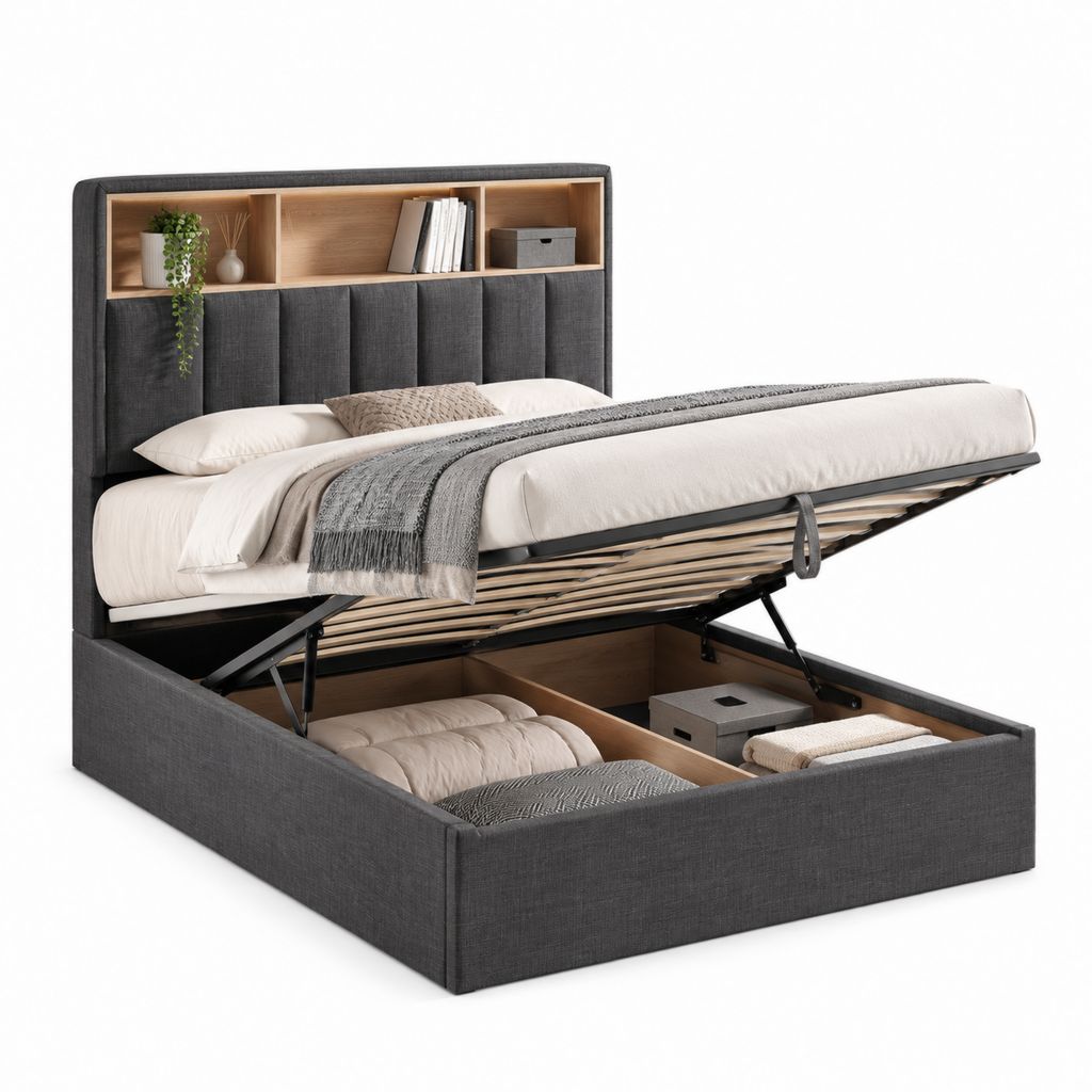 Lit coffre 160 x 200 cm gris anthracite en polyester avec sommier relevable et tête de lit à rangements