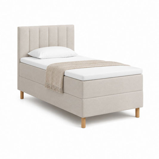 Lit une place rectangulaire beige en polyester 90 x 200 cm avec tête de lit capitonnée