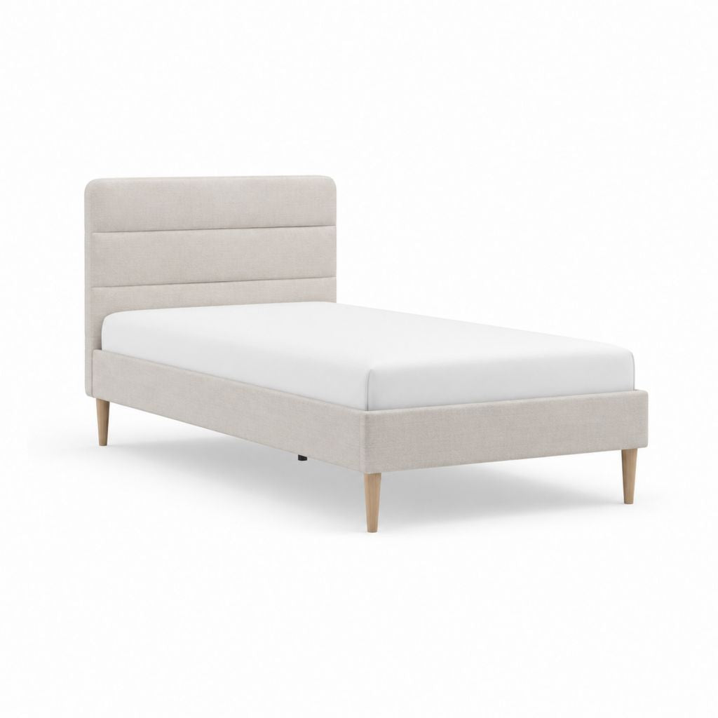 Lit simple beige en polyester avec tête de lit rembourrée rectangulaire 90 x 190 cm