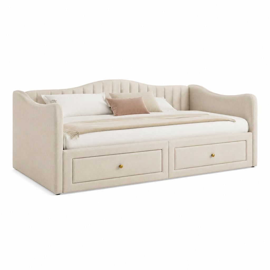 Lit banquette rectangulaire 90 x 200 cm beige en polyester avec 2 tiroirs