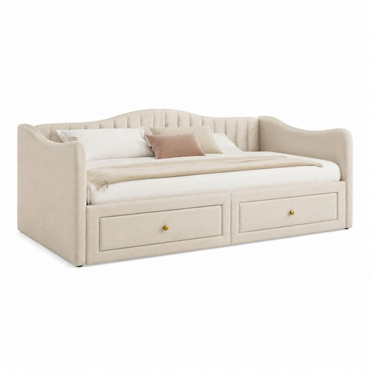 Lit banquette rectangulaire 90 x 200 cm beige en polyester avec 2 tiroirs