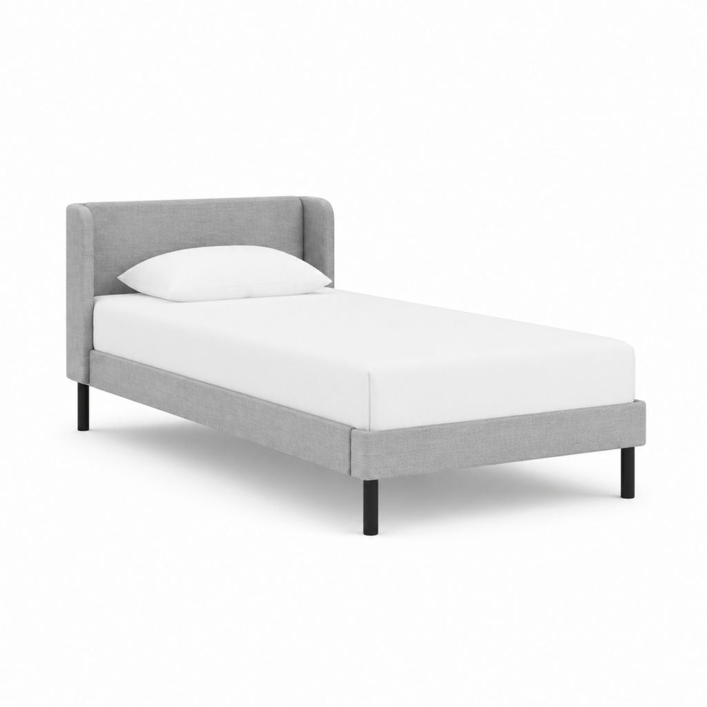 Lit simple 90 x 190 cm gris en polyester avec cadre rembourré et pieds en acier