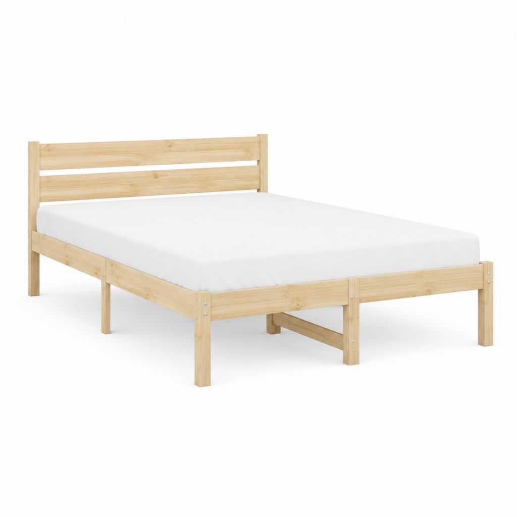 Cadre de lit double 140 x 190 cm naturel en pin massif avec tête de lit