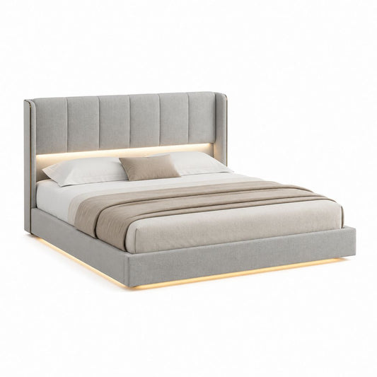 Lit double avec cadre gris en polyester et éclairage LED 160 x 200 cm