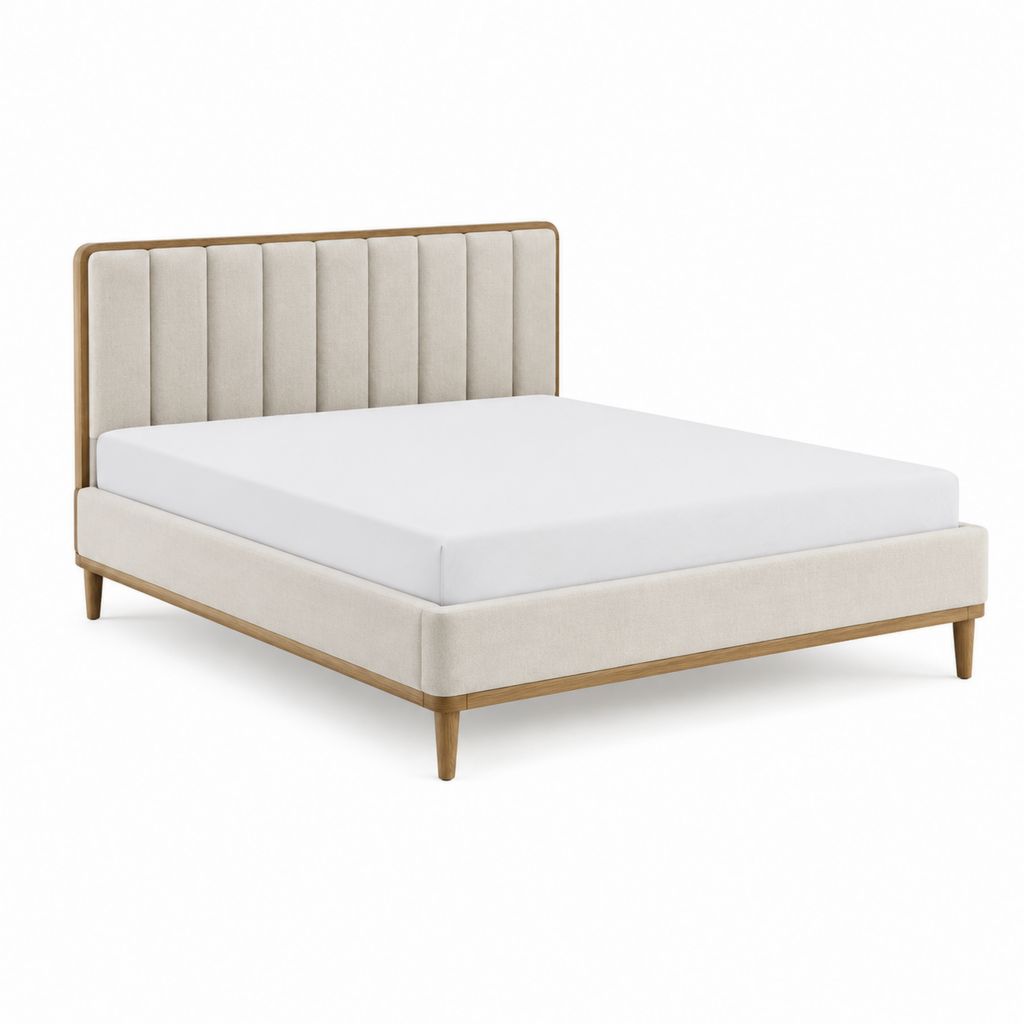 Lit double 160 x 200 cm beige et bois naturel avec tête de lit capitonnée