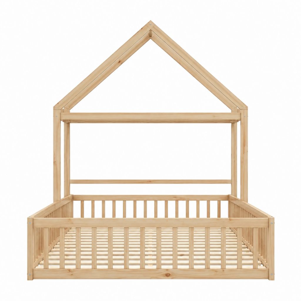 Lit cabane enfant en pin massif naturel avec sommier à lattes 90 x 200 cm