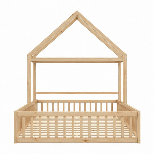 Lit cabane enfant en pin massif naturel avec sommier à lattes 90 x 200 cm