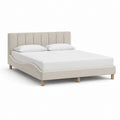 Lit double 160 x 200 cm beige en polyester avec cadre à lattes et pieds en bois massif