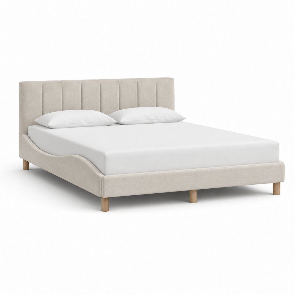 Lit double 160 x 200 cm beige en polyester avec cadre à lattes et pieds en bois massif