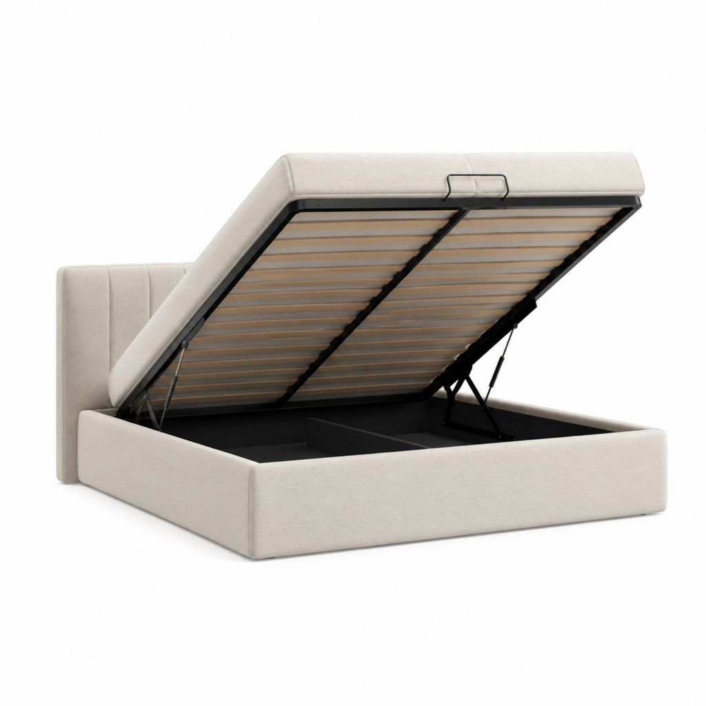 Lit coffre 160 x 200 cm beige en polyester avec sommier à lattes et tête de lit