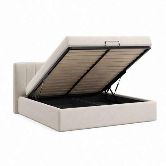Lit coffre 160 x 200 cm beige en polyester avec sommier à lattes et tête de lit